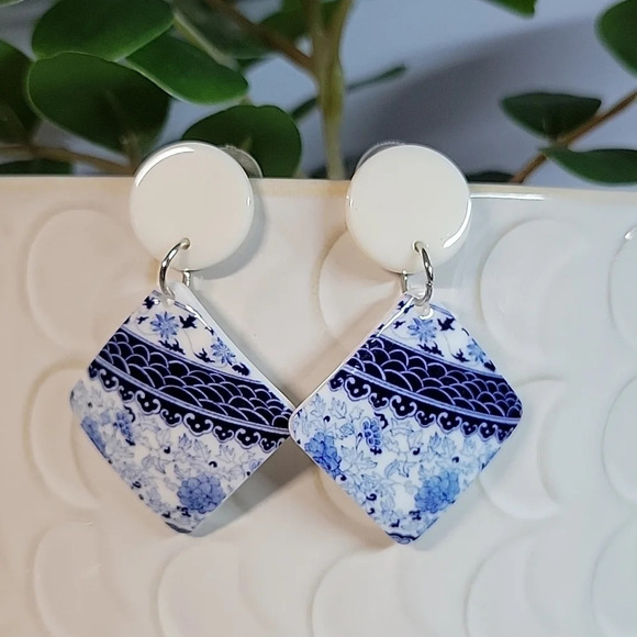 Delft Pottery Style Drop Earrings, S925 - Picture 1 of 7